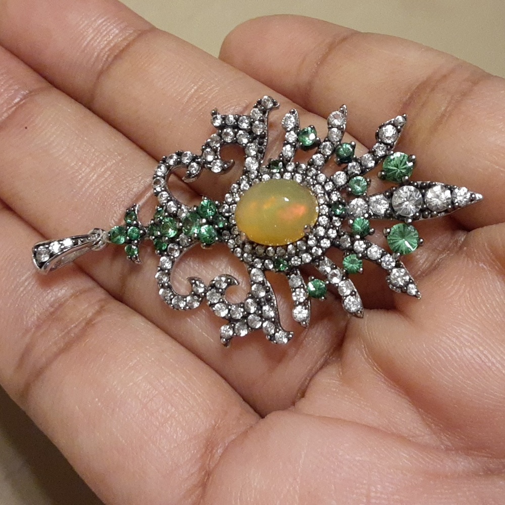 925 Ethiopian Opal,  Tsavorite Garnet, Natural White Zircons. FIRM.
